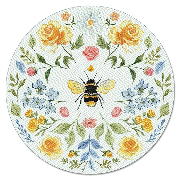 CounterArt Floral Bee 4mm Tempered Glass Lazy Susan Turntable 13" Diameter Condiment Caddy Cake Plate Pizza Server