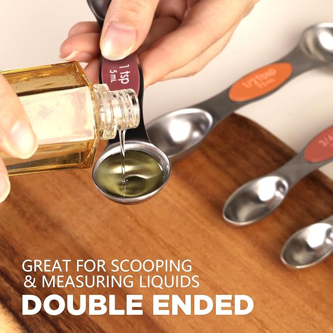 Pack of 8 Stainless Steel Magnetic Measuring Spoons Set, Dual Sided, Stackable, Adjustable Teaspoon and Tablespoon Measure Spoon with Leveler, Kitchen Gadgets