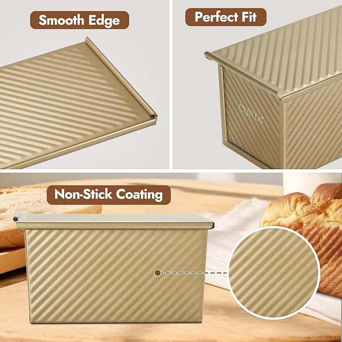 CURTA Pullman Loaf Pan with Lid 1 lb Dough Capacity Non-Stick Bakeware for Baking Bread, Corrugated sourdough bread pan, Champagne Gold 1pcs
