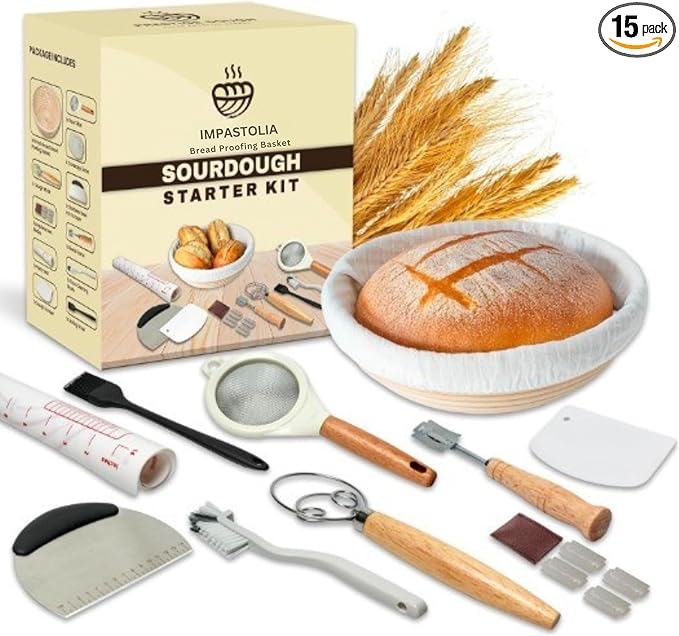 Sourdough Starter Kit With 9" Banneton Bread Proofing Basket Complete Sourdough Bread Baking Supplies with All Bread Making Tools Flour Sifter Dough Scraper Bread Lame Whisk PastryMat Sour dough tool