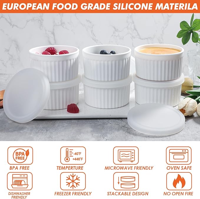 Koluti 8oz Nonstick Silicone Ramekins with Lids, 6-Pack Oven Safe Creme Brulee Baking Bowls Souffle Pudding Cups, Ice Cream Dessert Snack Food Storage Contianer, BPA Free, Freezer & Dishwasher Safe