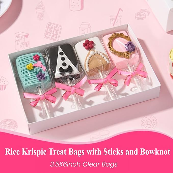RomanticBaking 50 Sets Clear Rice Krispie Treat Bags with Pink Ribbon Bow and Stick & Flat Cellophane Clear Bags for Rice Krispie Treats Gift Giving Bag(Pink)