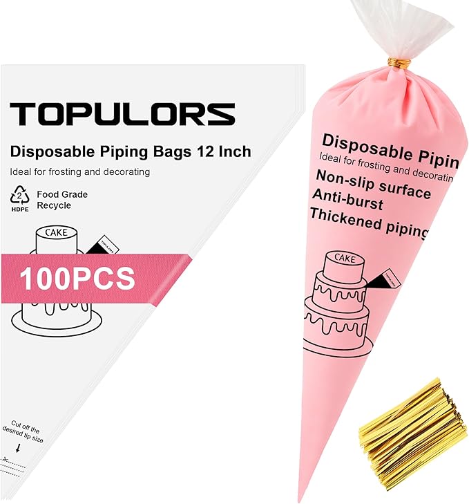TOPULORS Disposable Piping Bags 12" Height - 100 PCS Pastry Bags - Tipless Icing Piping Bags for Frosting - Ideal for Cakes and Cookies Decorating Supplies - Extra Thick, Anti Burst, and Non-Slip