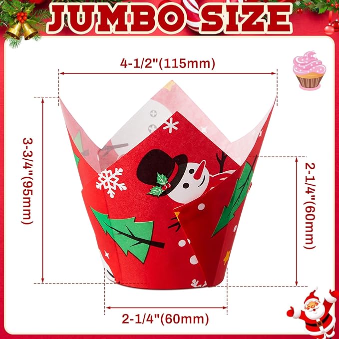 300 Pcs Jumbo Muffin Liners for Baking 2-1/4" x 4" Large Tulip Cupcake Liners Greaseproof Cupcake Wrapper Paper for Weddings Birthday Christmas Anniversaries Party (Christmas Color)