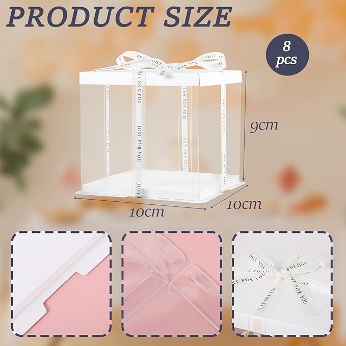 8 Packs Tall Cake Boxes with Ribbon,10x10x9 inches Bakery Boxes,White Multi-Layer Cake Containers for Birthday,Wedding,Halloween(White, 10 * 10 * 9inch/8pcs)