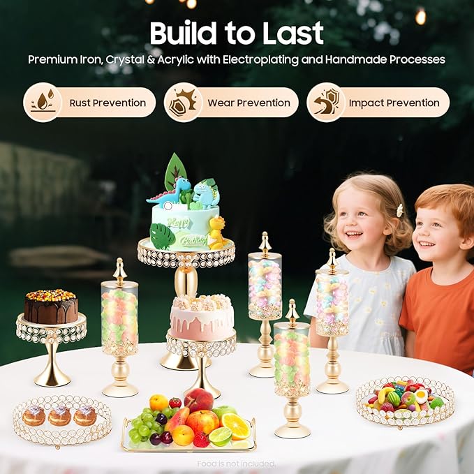Pack of 10 Cake Stand Set with 4 x Candy Jars, 3 x Cake Stands, 2 x Round Cake Trays, 1 x Serving Tray, Dessert Table Display Set with Crystal Beads for Birthday Baby Bridal Shower Party