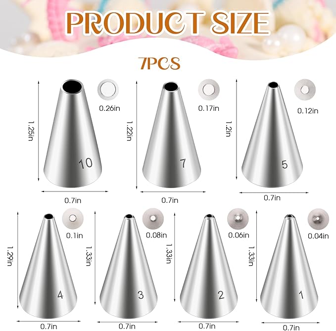 7 Pcs Round Hole Piping Tips Set Stainless Steel Cupcake Frosting Nozzles Cake Decorating Tool Russian Pastry Icing Dispensers Supplies for Baking Cookies Puff Doughnut Cream Bag Filler
