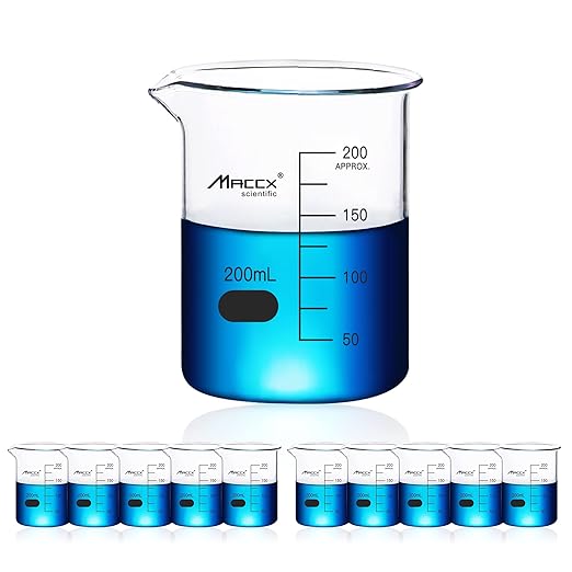 6.7oz(200ml) Sturdy Glass Beaker, 3.3 Borosilicate Griffin Low Form with Printed Graduation, Pack of 10, BKL200-010