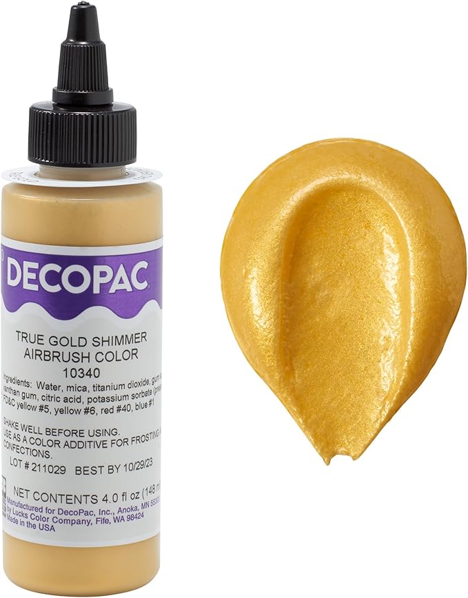 DecoPac Premium Airbrush Color, True Gold Shimmer, Edible Airbrush Paint for Decorating Cakes, Cupcakes, and Cookies, Food Coloring, 4oz