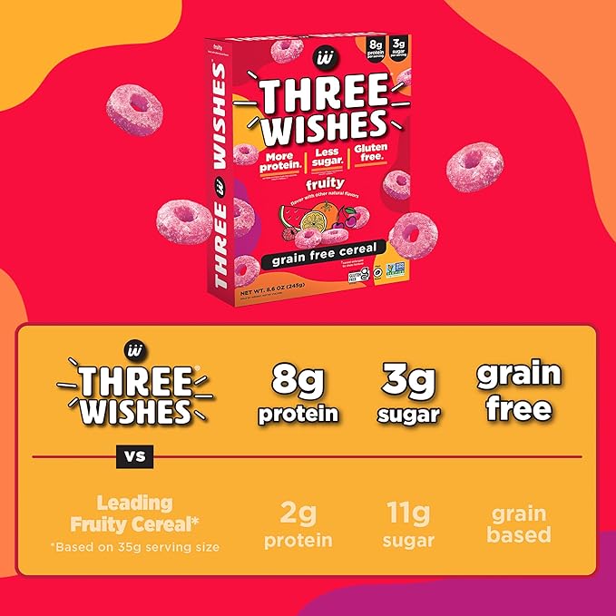 Three Wishes Grain-Free & Protein Cereal - Healthy, Low Sugar & Gluten-Free Breakfast Cereal - Low Carb, Plant-Based, Vegan & Non-GMO - Fruity, 4-Pack