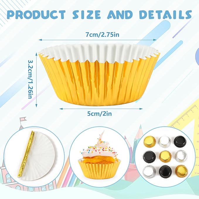 SANNIX 450Pcs Graduation Foil Cupcake Liners Black Gold Silver Cupcake Wrappers Foil Metallic Muffin Liners Baking Cups for Graduation Birthday New Year Party Decorations Supplies