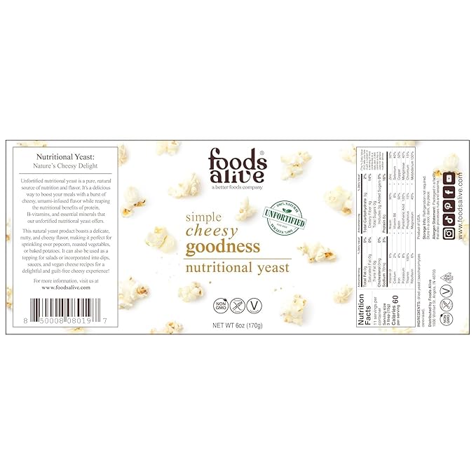 Foods Alive Nutritional Yeast Flakes - (6oz Shaker) Non Fortified and Gluten Free Plant Based Protein, Great Vegan Cheese Powder and Popcorn Seasoning, Flavor Booster for Keto and Whole Foods!