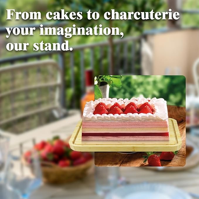 Cutesun Bamboo Wood Cake Stand with Lid - Rectangular Cake Holder, 16'' 2-in-1 Dessert Table Display Set & Charcuterie Board for Cheese, Chips, Fruit Platter, Large/big Acrylic Cake Dome Cover, Natural