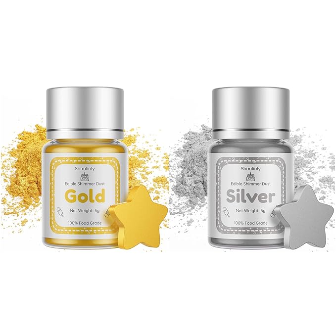 Gold Silver Luster Dust Edible Set - 5g Food Grade Gold Cake Dust Shimmer Powdered, Vegan Silver Edible Metallic Food Coloring Powder for Cake Decorating, Chocolates, Fondant, Drinks, Paints, Kosher