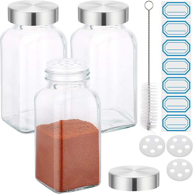 Segarty 6oz Spices Bottle with Stainless Steel Shaker Lids, 3 PCS 180ml Square Spice Containers, Empty Seasoning Organizer for Salt Pepper Sugar Herb Storage, Large Glass Jars with 7 Stickers, 1 Brush