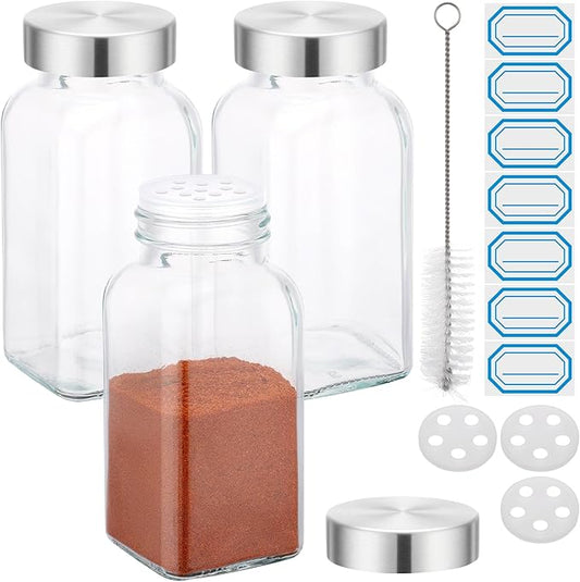 Segarty 6oz Spices Bottle with Stainless Steel Shaker Lids, 3 PCS 180ml Square Spice Containers, Empty Seasoning Organizer for Salt Pepper Sugar Herb Storage, Large Glass Jars with 7 Stickers, 1 Brush
