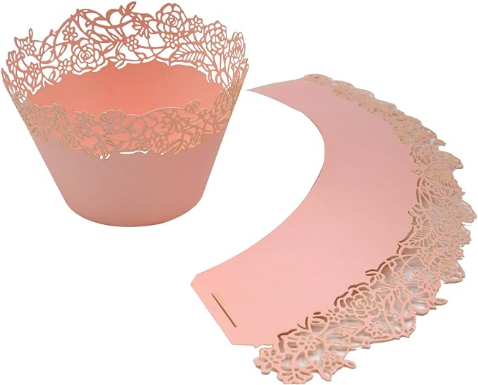 Cupcake Wrappers Pack of 50 Pink Filigree Artistic Bake Cake Paper Cups Little Vine Lace Laser Cut Liner Baking Cup Muffin Case Trays for Wedding Party Birthday Decoration -By KEIVA