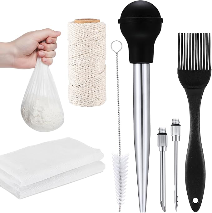 Boao 5pcs Thanksgiving Stainless Steel Turkey Baster with Basting Needles, Reusable Cheesecloth, Pastry String and Silicone BBQ Brush, Kitchen Tool Set for Christmas Cooking Baking Grilling Marinating