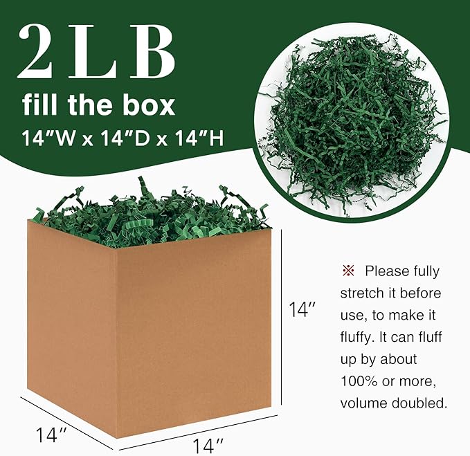 2LB Crinkle Paper Shred Filler for Bag Gift Box Basket Paper Shreded Stuffing Decoration for Christmas Day Holiday Party (Green)