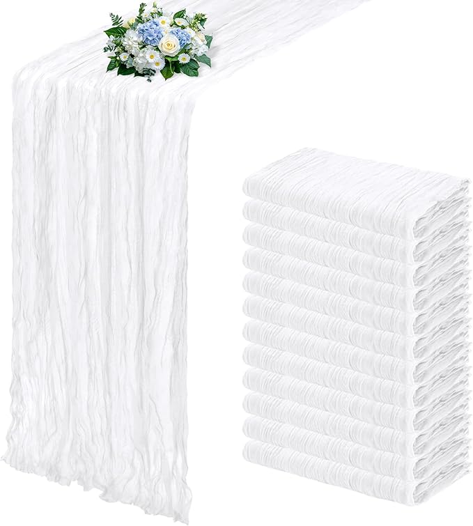 12 Pack White Cheesecloth Table Runner 17x108 Inch Semi Sheer Boho Gauze Cheese Cloth Fabric Table Runners, for Wedding Party Baby Shower Birthday Home Decor Garden Farmhouse