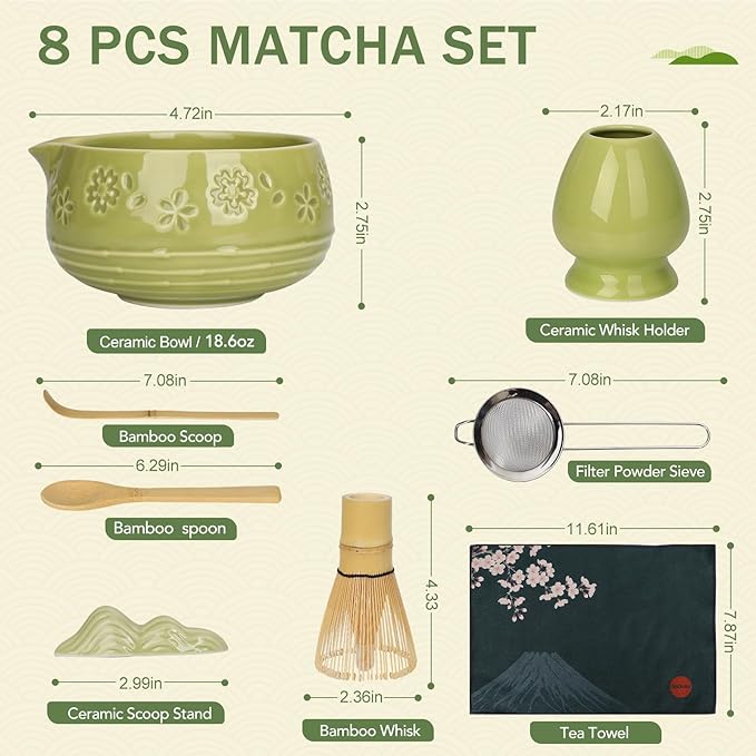 Matcha Whisk Tea Set: Ceramic Bowl with Spout, Bamboo Matcha Whisk & Spoon, Chasen Holder, Scoop Rest, Sifter, 8-Pcs Japanese Matcha Powder Kit–Gift for Ceremony & Matcha Lovers-Matcha Green