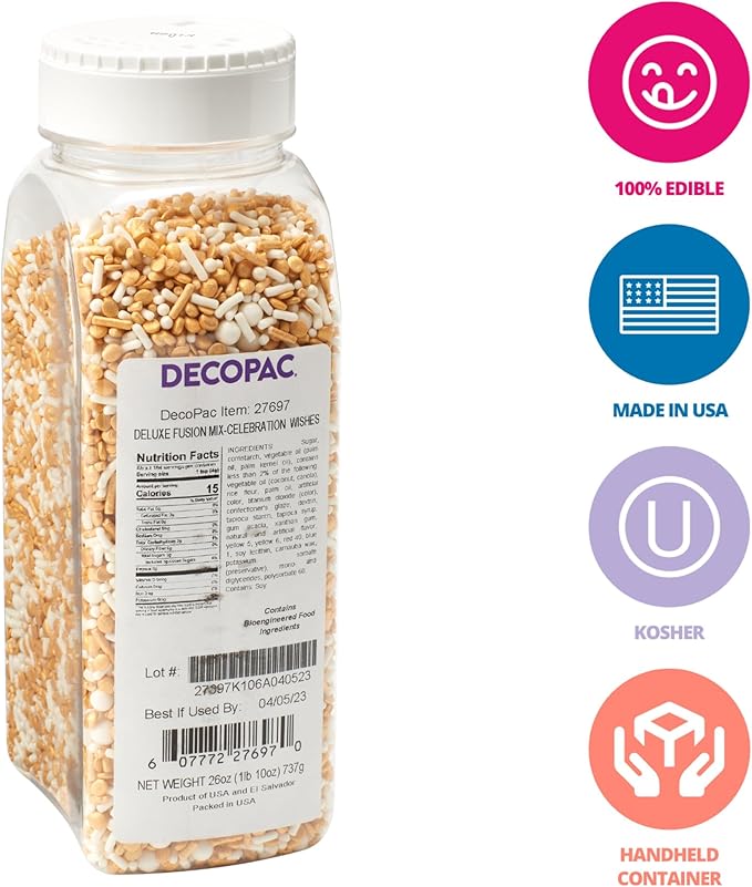 DecoPac Gold Celebration Wishes Fusion Mix Sprinkles, 26oz, Shaped Candy Sprinkles in Handheld Container, Edible Decorations For Celebration Cakes, Cupcakes, Cookies and Donuts