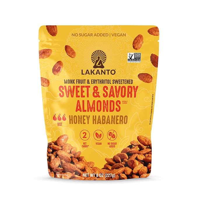 Lakanto Sweet and Savory Honey Habanero Almonds - On the Go Snack, Chile Powder Seasoning, Bold & Spicy, Gluten Free, Protein, Crunchy Roasted, Monk Fruit, Resealable Bag (8 oz)