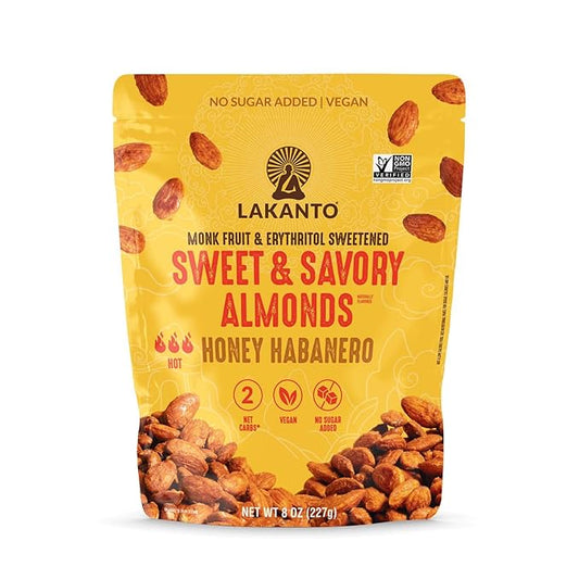 Lakanto Sweet and Savory Honey Habanero Almonds - On the Go Snack, Chile Powder Seasoning, Bold & Spicy, Gluten Free, Protein, Crunchy Roasted, Monk Fruit, Resealable Bag (8 oz)