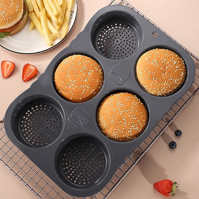 6-cavity Silicone Hamburger Bun Pan, Nonstick Loaf Pan & Heat Resistant Burger Bun Pans for Baking, Bread Pans for Homemade Bread, Bread pans for baking, Easy to Use Burger Pan