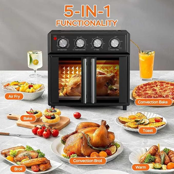 PlumChef 27.5 Quart Extra Large 6 Slices Air Fryer Convection Toaster Oven, French Door, 1700W, Multifunction Oven for Air Fryer, Toast, Grill, Defrost, Bake, Time and Temperature Controls, Black