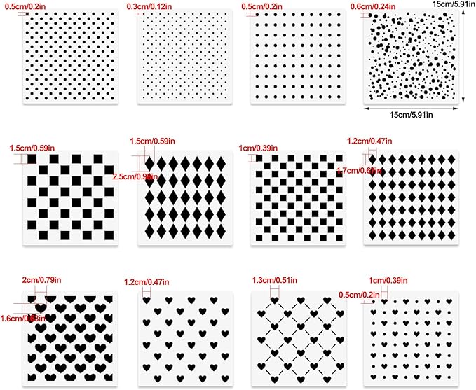 12 Pcs Mixed Media Stencils, Polka Dot Checkered Heart Stencils, Assorted Sizes Repeating Patterns for Painting on Wood Furniture Pillows Wall Scrapbook Card Making DIY Craft 6"x6"