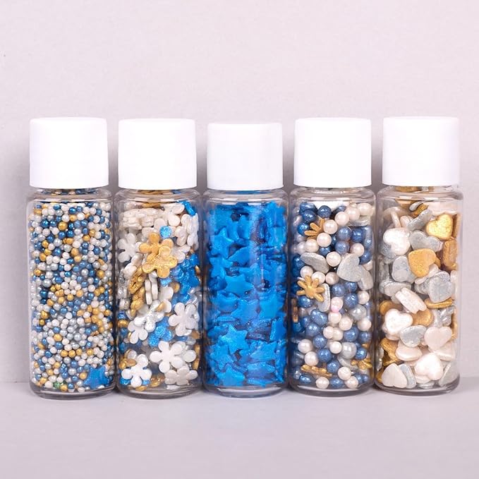 Confect Christmas Sprinkles | Blue, White, Gold & Silver Mix | Edible Pearl, Star & Heart Shaped Sprinkles | Holiday Cake & Cupcake Decorations- 5 Oz
