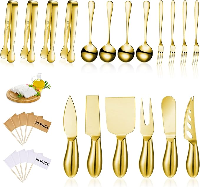 Patelai Charcuterie Board Accessories Cheese Spreader Knife Set Charcuterie Utensils Butter Knife Stainless Steel Mini Serving Tongs Spoons Appetizer Forks for Pastry Christmas(Golden,18 Pieces)