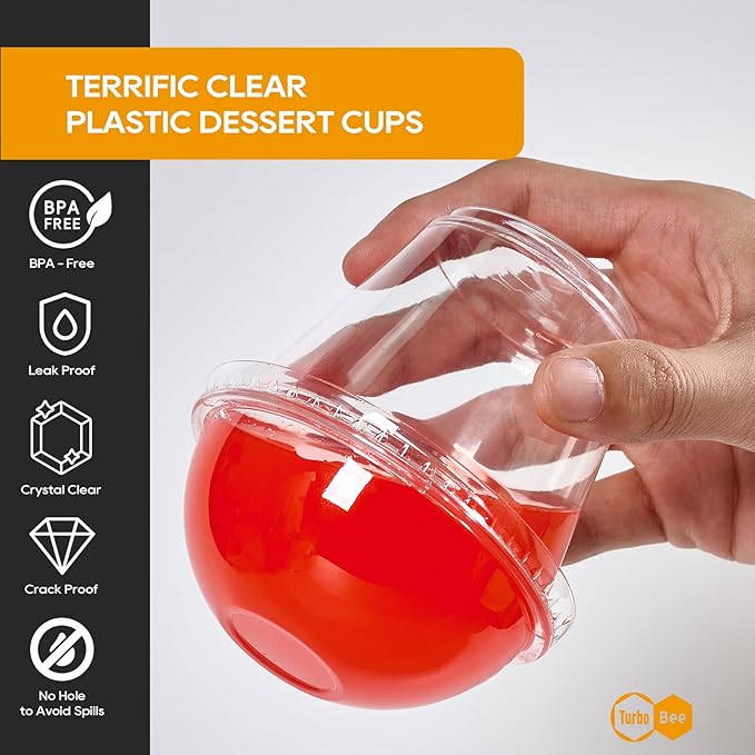 Turbo Bee 200 Pack 9 OZ Clear Plastic Cups with Dome Lids, Disposable Dessert Cups with Lids for Fruit, Snack Smoothie, Pudding and Ice Cream (No Hole)