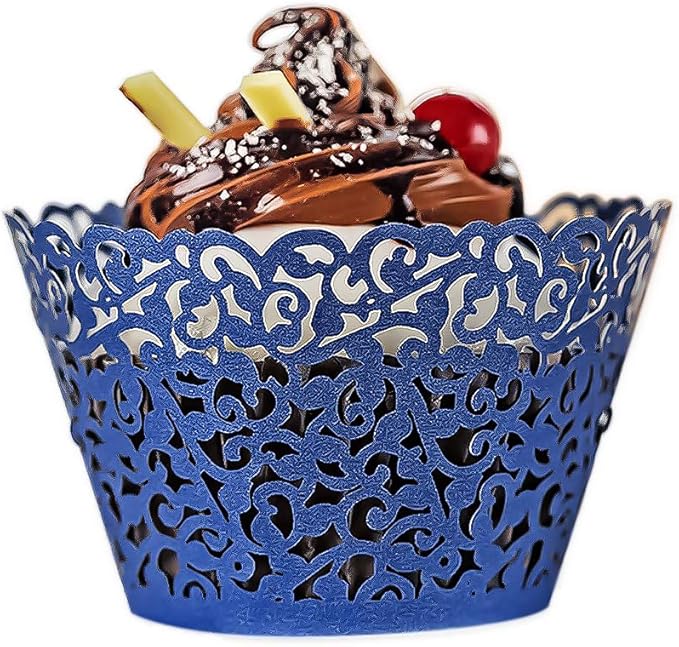 YOZATIA 60PCS Standard Navy Blue Cupcake Wrappers, Laser Cut Vine Lace Cupcake Decorative Liners for Party Supplies (Navy Blue)