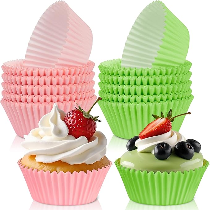 200PCS Pink and Green Cupcake Liners Muffin Baking Cups Wrappers for Pink and Green Birthday Party Supplies Disposable Pastel Cupcake Papers for Witch and Princess Theme Birthday Party Decoration