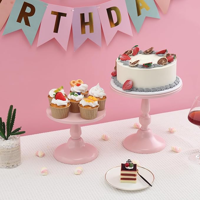 Set of 3 Pink Cake Stands, QENUIITEA Metal Round Cake Holder Dessert Pie Pizza Display Stand 8" 10" 12" Serving Tray Decoration for Wedding Celebration Party Birthday Baby Shower