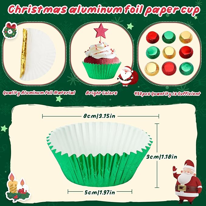 SANNIX 450Pcs Foil Cupcake Liners Christmas Metallic Cupcake Liners Muffin Baking Cups Christmas Cupcake Wrappers for Party Birthdays Baby Showers (Red, Green, Gold)