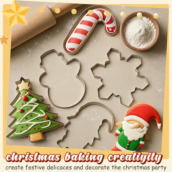 6 Pcs Large Christmas Cookie Cutters 8" Stainless Steel Metal Cookie Baking Cutter for Holiday, Xmas Tree, Snowman, Gingerbread Men, Gnome, Candy Cane, Snowflake