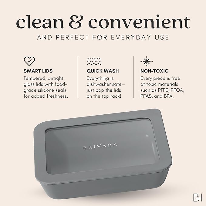 Ceramic Coated Glass Food Storage Container | No PTFE, PFOA, PFAS, and BPA | Reusable Non Toxic Meal Prep Container with Glass Lid | Easy To Store | 6 Piece Food Prep [Smoke]