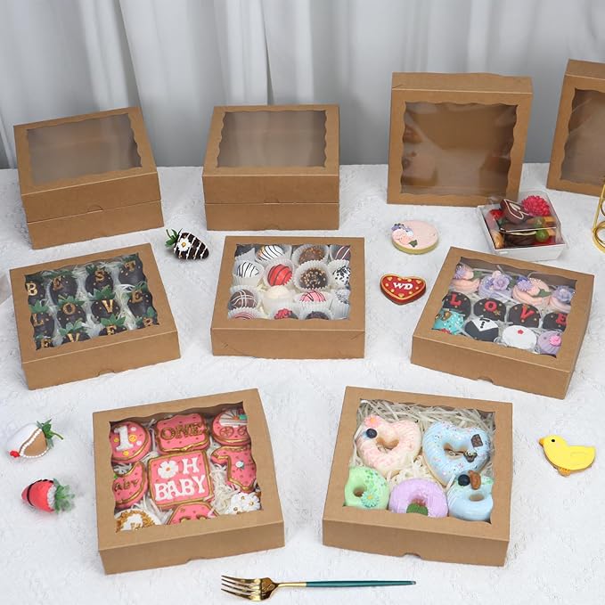 30pcs 8x8x2 Inch Brown Bakery Boxes with Window - Perfect for Cookies, Chocolate Covered Strawberries, Pretzels, Cakesicles & More