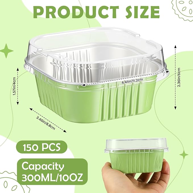 Aoriher 150 Pieces 10 oz Mini Cake Pans with Lids Aluminum Foil Baking Cups Square Disposable 4" x 4" Large Cupcake Cups Baking Tins for Kitchen Brownie Pudding Desserts Holders(Light Green)