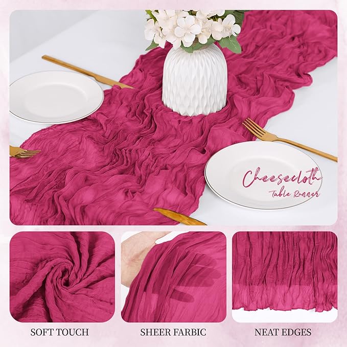 6 Pack Hot Pink Cheesecloth Table Runner 17x108 Inch Semi Sheer Boho Gauze Cheese Cloth Fabric Table Runners, for Wedding Party Baby Shower Birthday Home Decor Garden Farmhouse