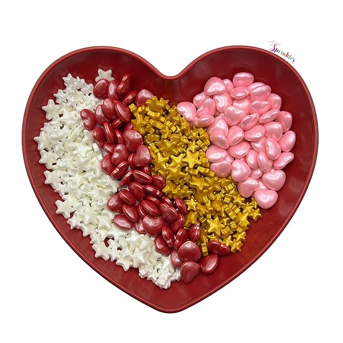 SE Si&Moos White and Gold Star Candy Red and Pink Heart Sprinkles Star and Heart Cake Decorations Edible Stars Valentine Sprinkles for Cakes, Cupcakes, Cookies, Shower Party Birthday Holiday Supplies 3.5 OZ