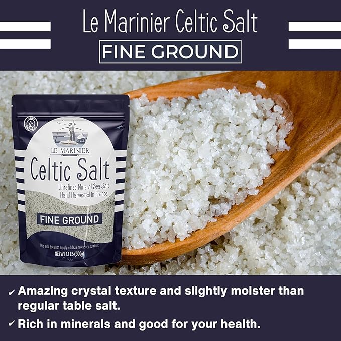 Le Marinier Celtic Salt Organic Fine Ground, 1.1lb - 18oz, Pack of 2. Mineral Rich Unrefined 100% Natural, Hand Harvested Mineral French Sea Salt (1.1lb Fine Ground - Pack of 2)