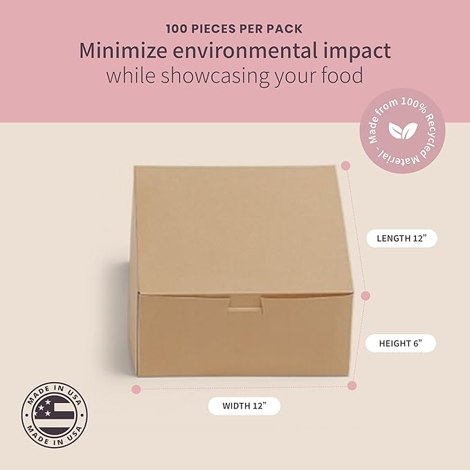 Reversible Bakery Boxes 12 x 12 x 6 in, No Window Lock Corner Tall Cake Boxes with Front Tuck Lock & Side Clips, Ideal for Layer Cakes, Kraft or White Exterior, Microwavable, 50 Pack