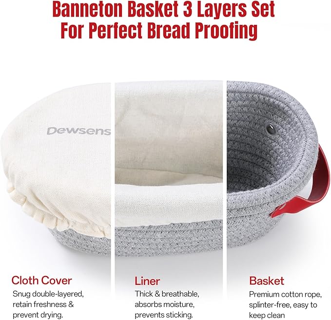 Cotton Rope Bread Proofing Basket Set, Sourdough Starter Kit with Round & Oval Banneton Baskets with Liners & Covers, Dough Whisk, Bread Lame, Dough Scraper, Sling, Sourdough Bread Baking Supplies