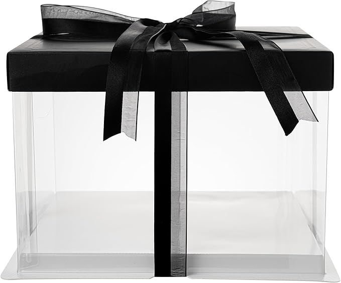 Sweet Vision Square Clear Plastic Cake Box - Black Lid and White Base, Black Ribbon - 8 1/2" x 8 1/2" x 6 3/4" - 10 count box