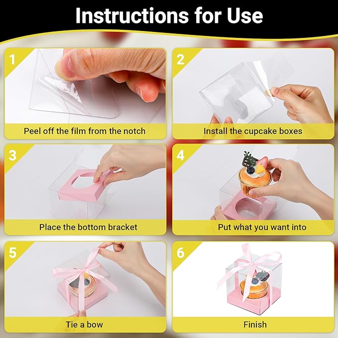 EUSOAR Cake Containers with Lids, 50pcs 3.5 Inch Plastic Clear Individual Single Cupcake Boxes Containers, Transparent Cupcake Holder Carrier with Ribbon and Inserts for Wedding Party bakery-Pink