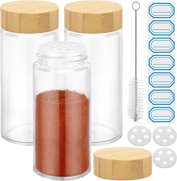 Segarty 4oz Spice Jar with Bamboo Shaker Lids, 3 Pack 120ml Round Spices Jars for Herb Grain Storage, Empty Glass Cabinet Seasoning Organization Set, Clear Salt Pepper Shakers with 7 Stickers, 1 Brush